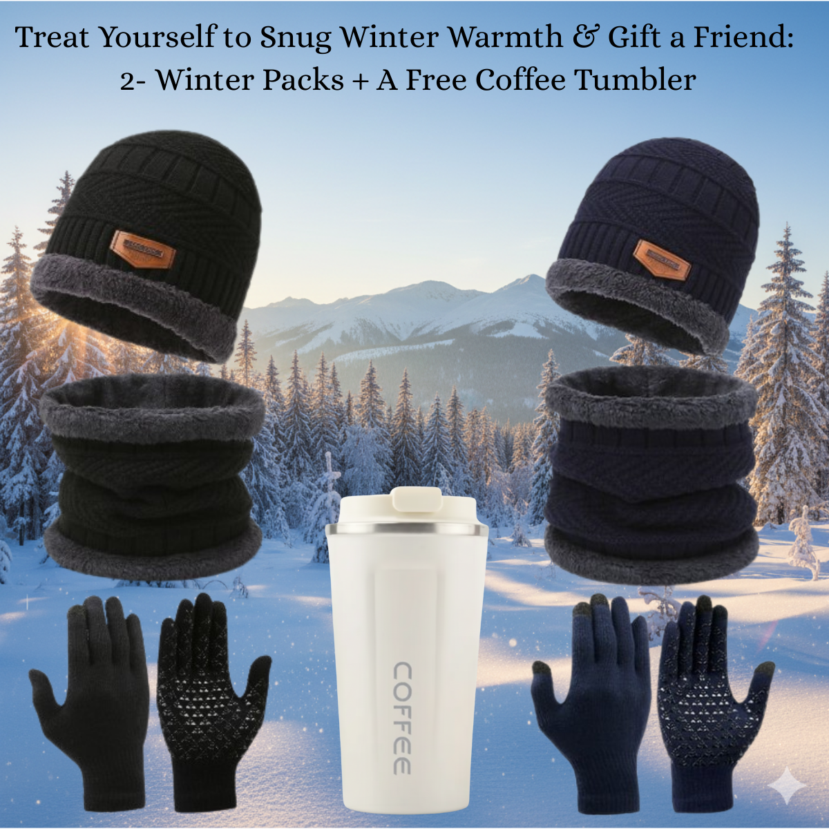 2 Pack, Black + Black, Warm Winter Set + Free White Coffee Tumbler