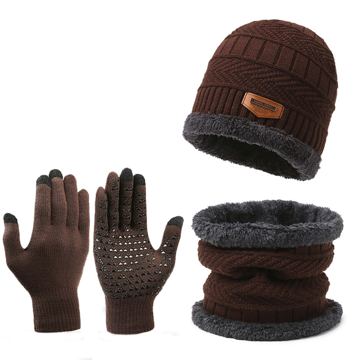 Khaki, Fleece Lined Warm Winter Pack 3 in 1, Beanie, Gloves & Scarf for him and her